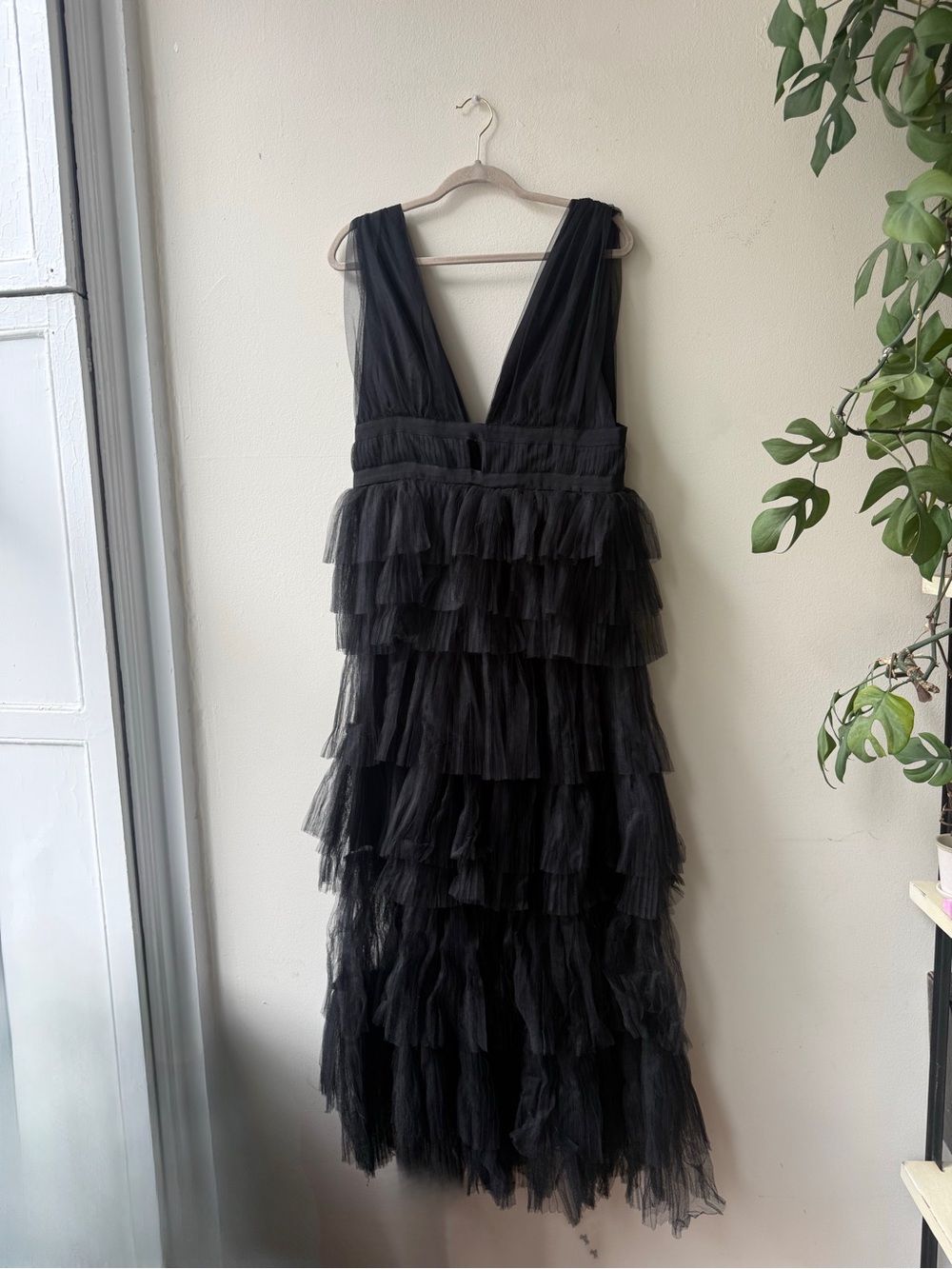 Women's Black Tiered Tulle Maxi Dress with Deep V-Neck - Picture 4 of 5